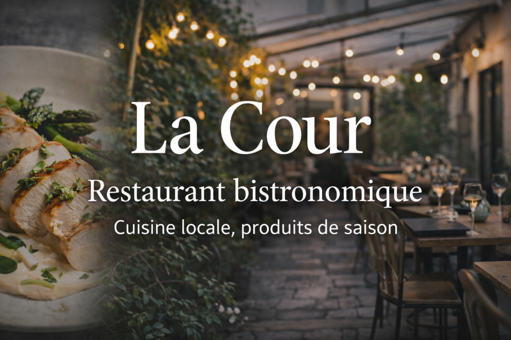 Bannière d'accueil représentant le restaurant La Cour - Avec une image d'un plat, d'une coure intérieur d'un restaurant.