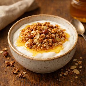 Fromage blanc fermier au miel du 11e et granola croustillant maison