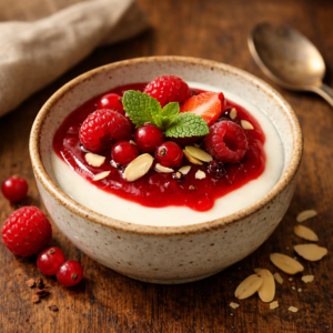 Panna cotta au lait d’amande et coulis de fruits rouges