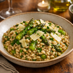 Risotto d’épeautre aux asperges vertes et vieux comté